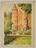 Sostarics Lajos (1896-1968): Városliget, Vajdahunyad vár hátsó része cca 1950, akvarell, papír, jelzés nélkül, 28×18 cm