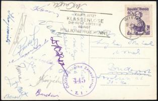1949 A magyar válogatott ladarúgócsapat tagjai által aláírt és hazaküldött képeslap Sebes, Budai, Lóránt, Kocsis, Puskás, Deák, Krajcsovits, Rusza és mások aláírásai  Lyka Antalnak / Autograph signed postcard of  the Hungarian national football team