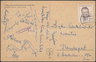 1949 A Ferencváros (Fradi)  ladarúgócsapat tagjai által aláírt és hazaküldött képeslap Czibor, Dékány, Lakar, Kérly, Suba, Kispéter és mások aláírásai Lyka Antalnak / Autograph signed postcard of  the Ferencvaros national football team