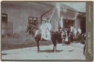 cca 1880 Lovas ünnepi díszben, keményhátú fotó Benedek Mór nagyváradi műterméből, 11×16 cm