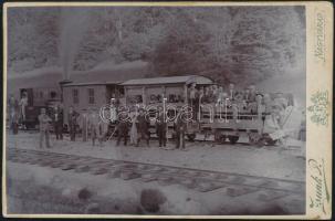 cca 1880 Vonat és utazóközönsége a Jád völgyében, keményhátú fotó Zsunk Pál nagyváradi műterméből, 11×16,5 cm