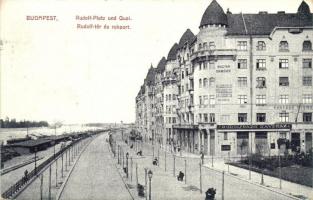 Budapest XIII. Rudolf tér és rakpart, Rudolf Park Kávéház, Palatinus palota, Karczag nyomda, Magyar Ónművek