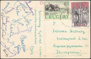 cca 1958 A magyar labdarúgó válogatott tagjai által aláírt képeslap Montevideoból Grosics, Bozsik, Sipos, Mátrai, Solymári és mások  / Autograph signed postcard of the Hungarian national football team