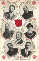 1906 A második Wekerle-kormány tagjai: Wekerle Sándor, Ifj. Andrássy Gyula, Polónyi Géza, Kossuth Ferenc, Apponyi Albert, Josipovich Géza, Zichy Aladár. tulipános, hazafias dombornyomott minta / Hungarian Goverment of 1906. Emb. folklore, patriotic tulips (EM)
