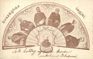 Széll-kormány. Az Országház tagjai: Széll Kálmán miniszterelnök, Báró Fejérváry Géza, Hegedüs Sándor, Tisza Kálmán, Vlasics Gyula, Gróf Apponyi Albert. Kiadó Velvart és Werber / Hungarian Government 1899-1903. Art Nouveau (EK)