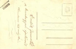 1928 Kunhegyes, Emlék a kunhegyesi építésről. Munkások csoportképe villanypóznával, villanyoszlop, k...