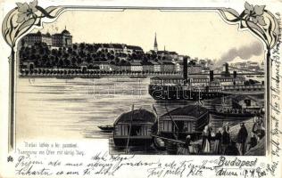 Budapest, Budai látkép a pesti rakparttal, piac, halászhajók. Art Nouveau, litho