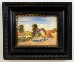 Németh György (1888-1962): Lovasszekér a faluban. Olaj, repedezett falemez, jelzett, üvegezett keretben, 12,5×17,5 cm