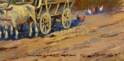 Németh György (1888-1962): Lovasszekér a faluban. Olaj, repedezett falemez, jelzett, üvegezett keret...