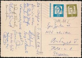 cca 1960 A magyar  sakk válogatott tagjai által aláírt és hazaküldött képeslap a Sakk EB-ről . Forintos, Honfi, Flórián és mások / Hungarian Chess players