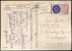 cca 1960 A magyar sí válogatott tagjai által aláírt és hazaküldött képeslap a Grenoblei Téli Olimpiáról / Hungarian Chess players