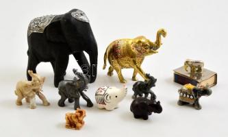 10 db elefánt kis figura, fa,fém, műanyag, porcelán, m: 5-11 cm