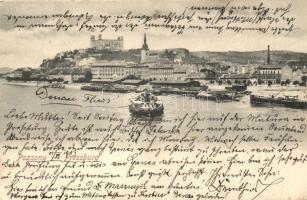 Pozsony, Pressburg, Bratislava; gőzhajó, háttérben a vár. Bediene dich allein / steamship, castle in the background (EK)