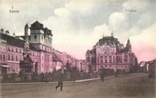 Kassa, Kosice; színház, Fő utca, Szentháromság szobor / main stree with theatre, monument