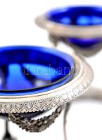 Ezüst(Ag) díszes kaviártartó, jelzett, mesterjeggyel, 2 db, hibátlan üvegbetéttel, peremén kis defor...