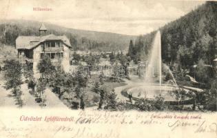 Iglófüred, Spisská Nová Ves Kupele, Novovesské Kúpele; Millenium szálló szökőkúttal. Wlaszlovits Gusztáv kiadása / hotel with fountain (EK)