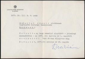 1975 Szakács Ödön (1912-1983) a legfelsőbb bíróság elnökének gépelt, aláírt levele Hartai László (1925-1987) legfelsőbb bíró részére fizetésemelésről