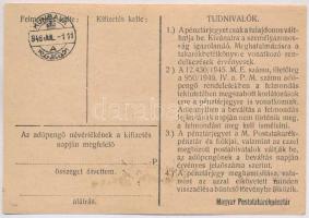 1946. 100.000AP nem kamatozó Pénztárjegy "Másra Át Nem Ruházható", "Kunbaja" bél...