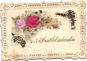 Floral Emb. Art Nouveau litho romantic greeting card with silk roses (11 cm x 8 cm)