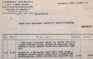 1939 A budapesti Szent Imre kollégium (Ráday utca) tatarozásának dokumentumai, két tervrajz, skiccek...