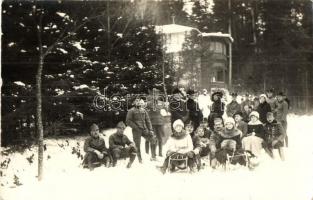 1917 Tátra, szánkózó katonák és hölgyek csoportképe télen / sledding K.u.K. soldiers and ladies in winter, bobsleigh, bobsled, wintersports. photo