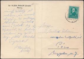 cca 1940 Klein Andor abonyi főrabbi saját kézzel írt és aláírt leveleizőlapja