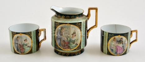 Victoria kiöntő 12 cm (hibátlan) + 2 teás csésze hajszálrepedésekkel / Jar flawless, partly hand painted, 2 mugs with cracks