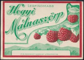 cca 1920 Legfinomabb Hegyi Málnaszörp címke, 7x10 cm