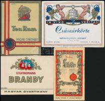 cca 1930 4 db italcímke: Somogyi Miklós Csemege vörös, Krém Likőr, Tea Rum, Legfinomabb Brandy, 7x10 és 8,5x11,5 cm közötti méretben