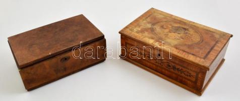 Régi fa dobozok, az egyik intarziás, kulcs nélkül, 28x19x10 és 26x16x10 cm