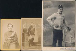 cca 1870 és 1900 között készült 2 db katonai vizitkártya méretű fénykép + 1 db kabinet fotó, 10,5x6,5 cm és 16,5x10,5 cm között