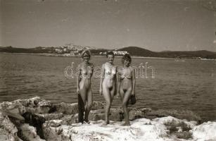 cca 1973 Nudizók a jugó tengerparton, 30 db szolidan erotikus felvétel negatívja, 24x36 mm