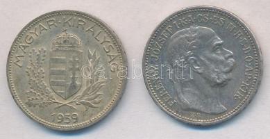 1915KB 1K Ag "Ferenc József" + 1939. 1P Ag T:1- kis patina
