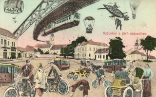 Szécsény a jövő században. Montázslap, Glattstein A. kiadása / in the future montage postcard (EK)