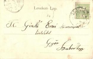 Budapest II. Hűvösvölgy, villamos sín a felüljáró híddal. Repülő úriember esernyővel, montázslap / F...