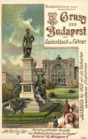 Budapest VII. Központi (Keleti) pályaudvar és Baross szobor. Budapesti emlékkönyv, évkönyv és útmutató 1900-hoz reklámlap / Gedenkbuch und Führer, Jahrbuch für 1900 / Memorial book, yearbook and guide advertisement. Litho