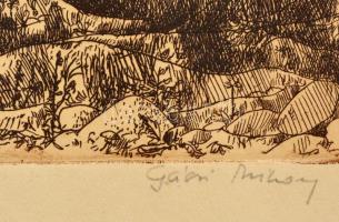 Gácsi Mihály (1926-1987): Házak a parton, rézkarc, papír, jelzett, 22,5×30 cm