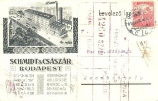 Budapest VIII. Schmidt & Császár rozsmalom, árpagyöngy, köles és rizshántoló gyára, reklámlap. Szeszgyár utca 4. Art Nouveau