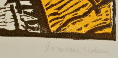 Somlai Vilma (1938-2007): Kék lámpa, színes linó, papír, jelzett, számozott (90/100), 39×30 cm