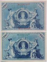 Német Birodalom 1908. 100M (2xklf) piros és zöld pecséttel T:II,III
German Empire 1908. 100 Mark (2...