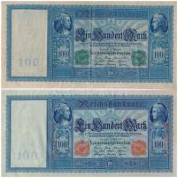 Német Birodalom 1910. 100M (2xklf) piros és zöld pecséttel T:III szép papír German Empire 1910. 100 Mark (2xdiff) red and green seal C:F nice paper