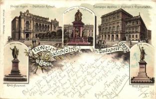 1896 (Vorläufer!) Budapest, Fővárosi vigadó, Deák, Eötvös és Petőfi szobor, Tudományos akadémia. Ottmar Zieher floral, Art Nouveau, litho (Rb)