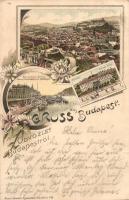 1896 (Vorläufer!) Budapest, Ferenc József rakpart a Gellérthegyről, Császár fürdő, Tabán. Kunstanstalt Rosenblatt Flora, Art Nouveau, litho