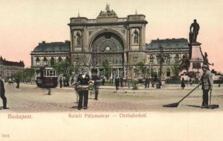 Budapest VII. Keleti pályaudvar és Baross szobor, virágárus és utcaseprő, villamos. Taussig Arthur kiadása