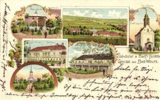 Balf, Bad Wolf (Sopron); Zenepavilon, Fürdő kápolna és ház, Gyógyfürdő-ház szálloda, Tej pavilon. Kummert floral, Art Nouveau litho