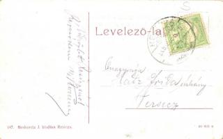 Resica, Resita; Vasút utca, piaci árusok, Braunmüller üzlete, háttérben a gyárkémények. Boskovitz J....