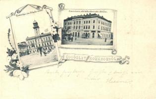 1898 Komárom, Komárno; Városház, Klapka szobor, Első Takarékpénztár bérháza / town hall, statue, savings banks tenement house, floral
