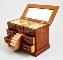Fa ékszertartó ládika, tetejében tükörrel, több apró fiókkal, 29x15x19 cm
