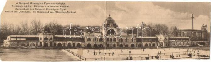 Budapest XIV. Városliget, a Budapesti Korcsolyázó Egylet műjégpályája, korcsolyázók, sport. Háttérben a Millenium Emlékmű (Hősök tere). Kihajtható panorámalap (b)