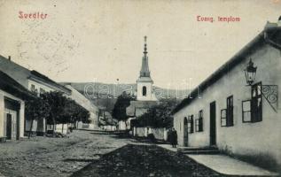 Svedlér, Svedlár; Evangélikus templom, utca. W.L. Bp. 2717. Ifj. Langermann Mihály kiadása / street view with church  (EK)